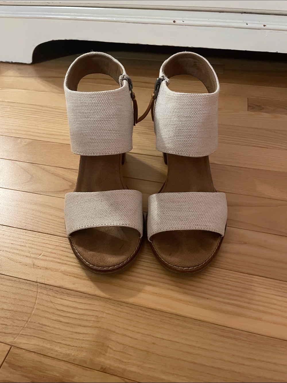Toms White Canvas Ankle-Strap Block Heel Sandals